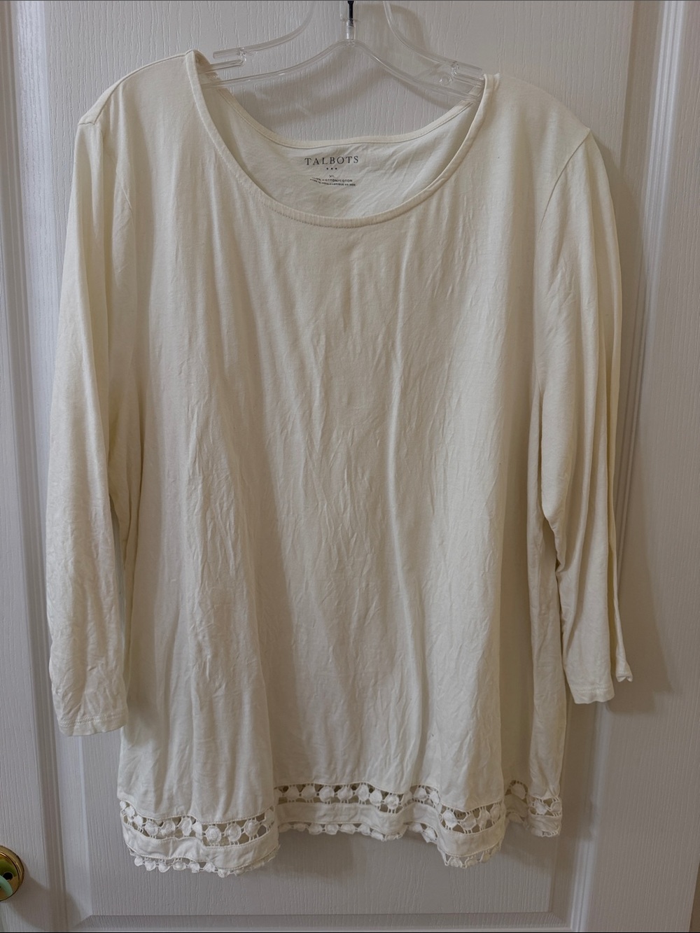 Talbots Cream Long-Sleeve Tee with Crochet Hem Detail